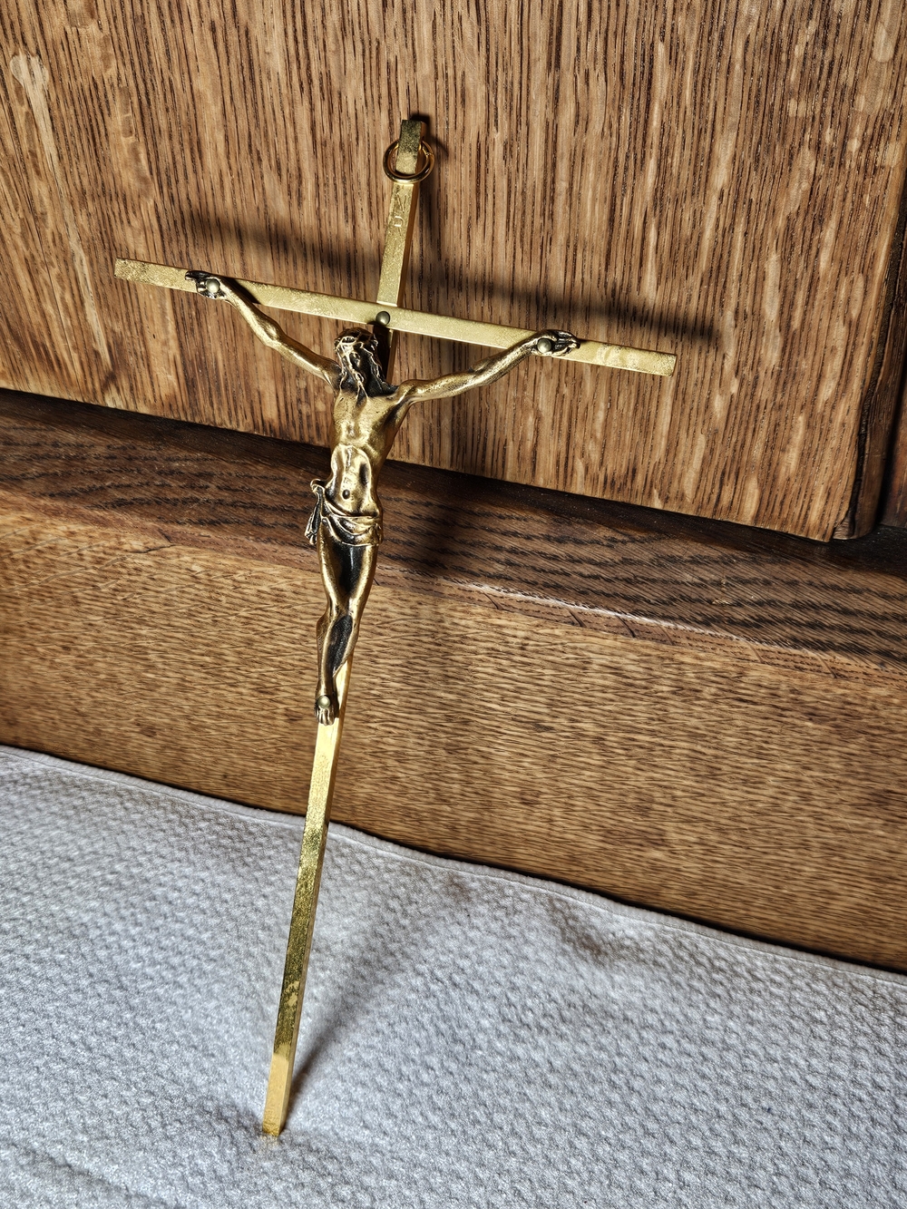Vintage Brass Crucifix Wall Hanging with Raised Christ Figure 1970s